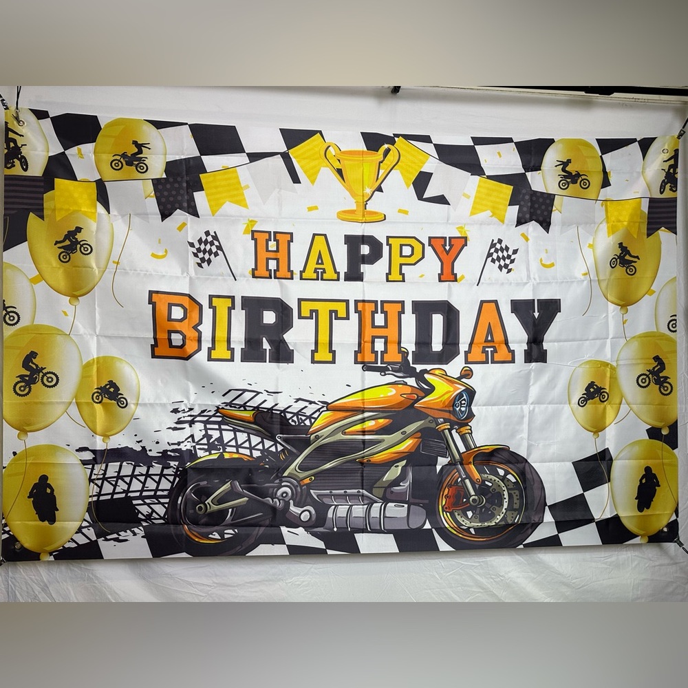 Motorcycle Theme Happy Birthday Backdrop Banner 7x5Ft